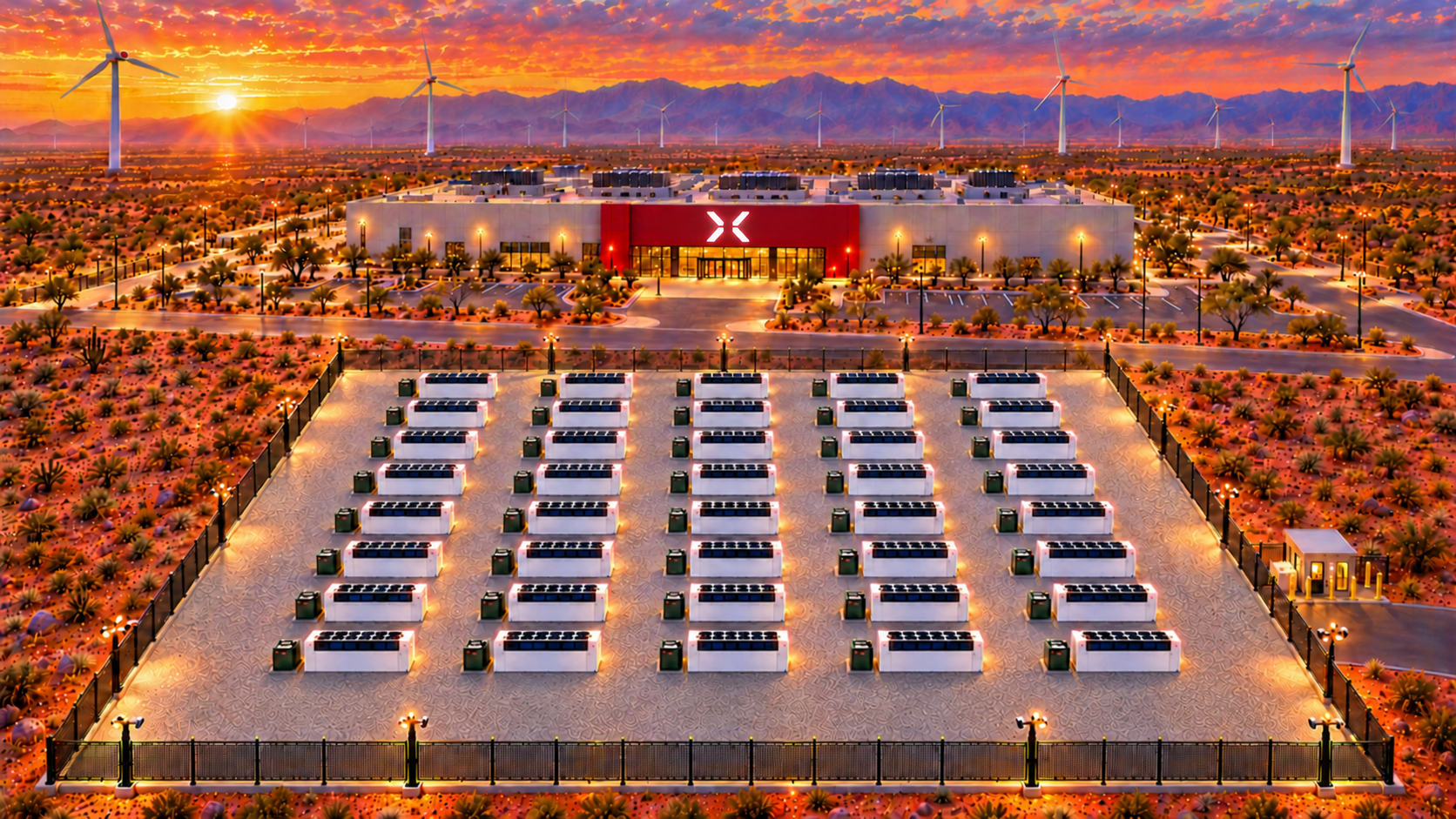 Concept illustration of a desert data center campus with a red entrance facade, modular compute yard, and wind turbines at sunset
